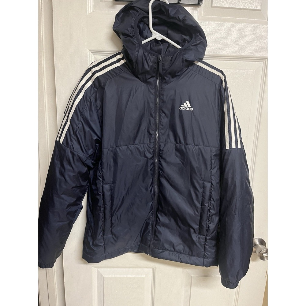 Adidas 3 Stripe Hooded Puffer Jacket Navy Blue Primegreen Mens Small